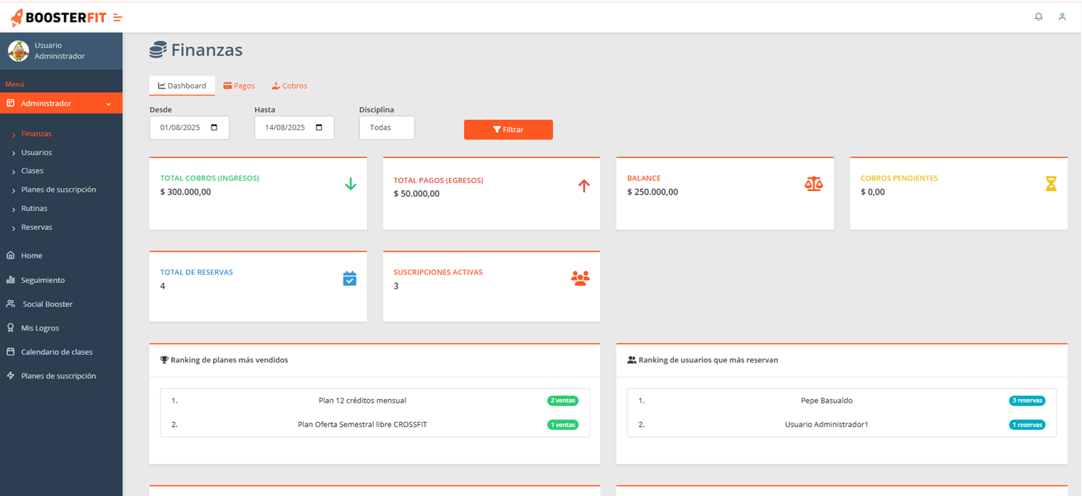 Dashboard de finanzas de BoosterFit
